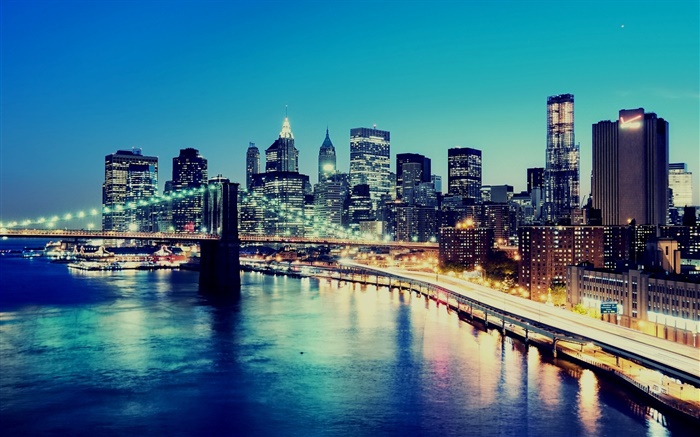 美國紐約，晚上，城市的燈光，摩天大樓，灣 桌布 圖片