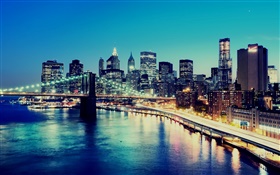 美國紐約，晚上，城市的燈光，摩天大樓，灣 高清桌布