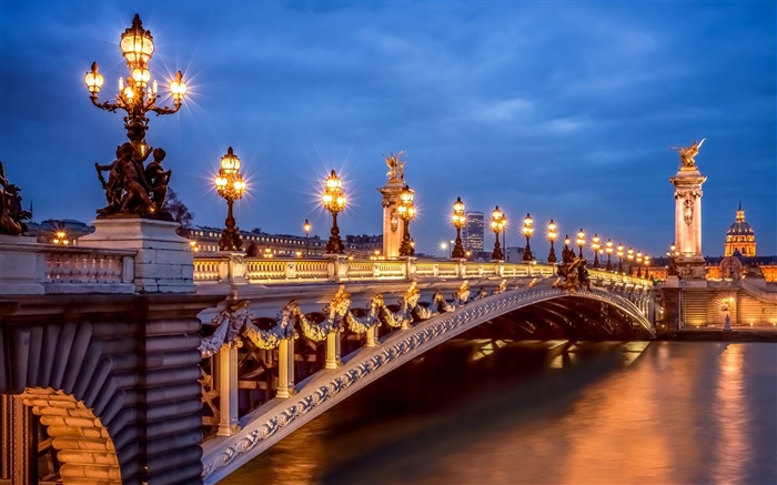 巴黎，法國，晚上，燈，橋 桌布 圖片