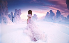 粉色連衣裙的女孩在冬季，厚厚的雪 高清桌布