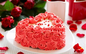 粉紅色的玫瑰鮮花，蛋糕，花瓣 高清桌布