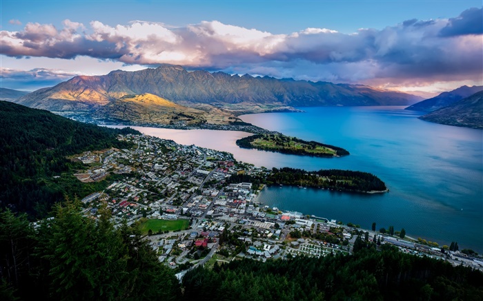 皇后鎮，新西蘭，城市，瓦卡蒂普湖，灣，山，房子 桌布 圖片