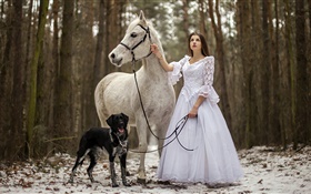 復古風格，白色禮服的女孩，馬，狗，森林 高清桌布
