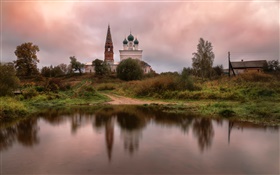 俄羅斯，廟，村，池塘，草，樹，雲 高清桌布