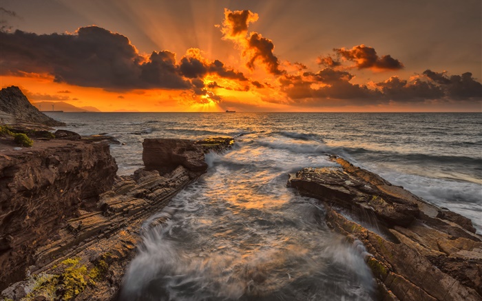 海，岩石，海岸，日落，黃昏，雲 桌布 圖片