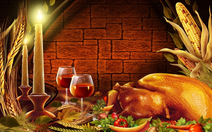 感恩節，雞，蠟燭，酒杯 桌布 圖片