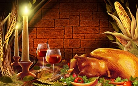 感恩節，雞，蠟燭，酒杯 高清桌布