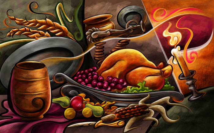 感恩節主題繪畫，雞肉，水果，蠟燭 桌布 圖片