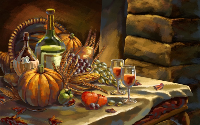 感恩節，水彩畫，南瓜，葡萄，葡萄酒，蘋果，小麥 桌布 圖片