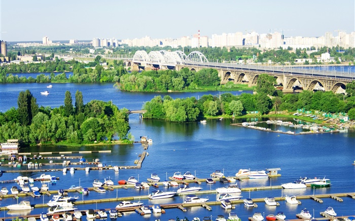 烏克蘭，城市，河流，橋樑，碼頭，船隻，樹木 桌布 圖片