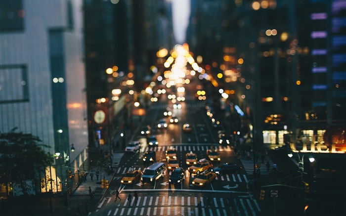 美國，紐約，夜晚，建築物，街道，汽車，燈，虛化 桌布 圖片
