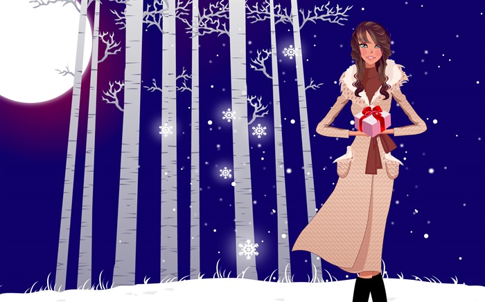 矢量插圖，女孩，冬天，雪，樹木，禮品 桌布 圖片