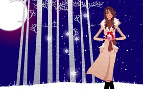 矢量插圖，女孩，冬天，雪，樹木，禮品