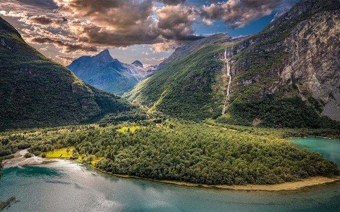 Vikane，挪威，山谷，山，湖，雲 桌布 圖片