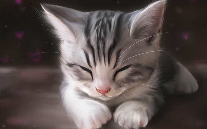 水彩畫，可愛的小貓睡覺 桌布 圖片