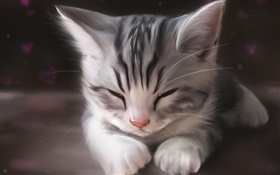 水彩畫，可愛的小貓睡覺 高清桌布