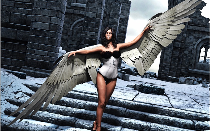 藝術渲染，幻想的女孩，天使，翅膀，樓梯 桌布 圖片