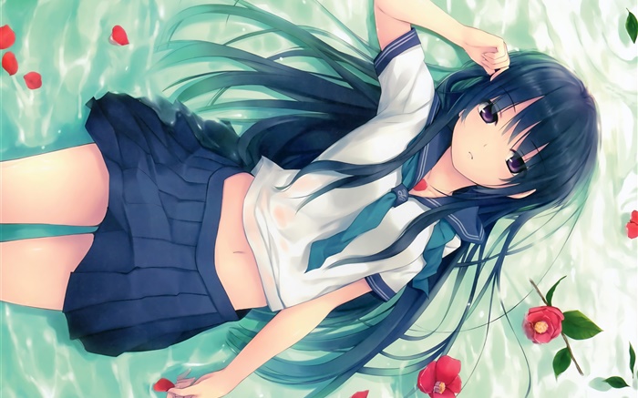 藍頭髮動漫女孩，姿勢，躺在草地，鮮花 桌布 圖片