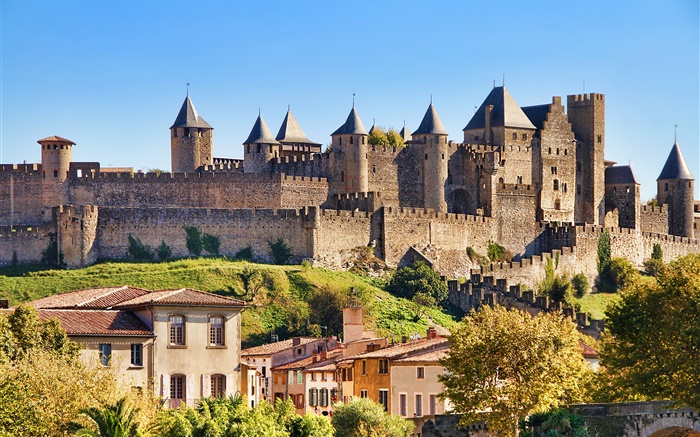 卡爾卡松城堡，法國，城市，房子 桌布 圖片