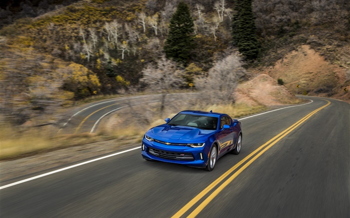 雪佛蘭Camaro藍色跑車，公路，速度 桌布 圖片