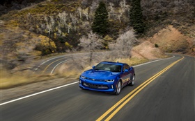 雪佛蘭Camaro藍色跑車，公路，速度 高清桌布