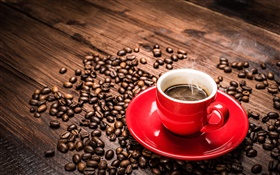 咖啡豆，紅杯，碟，蒸汽 高清桌布
