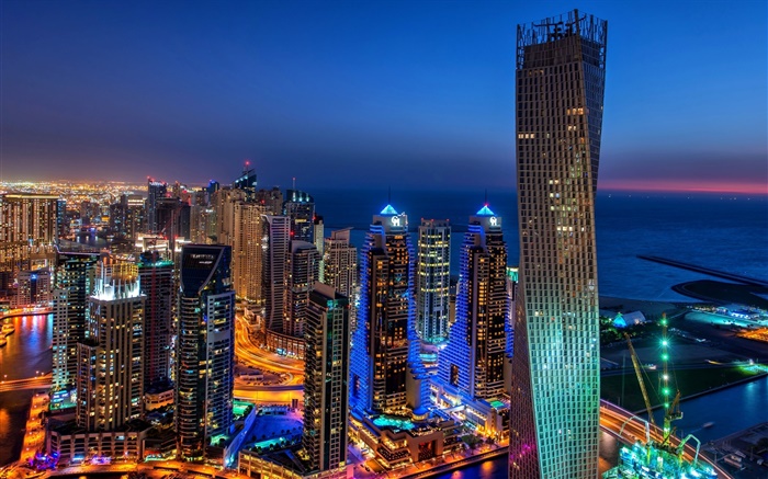 阿聯酋的迪拜，城市，晚上，燈，摩天大樓 桌布 圖片