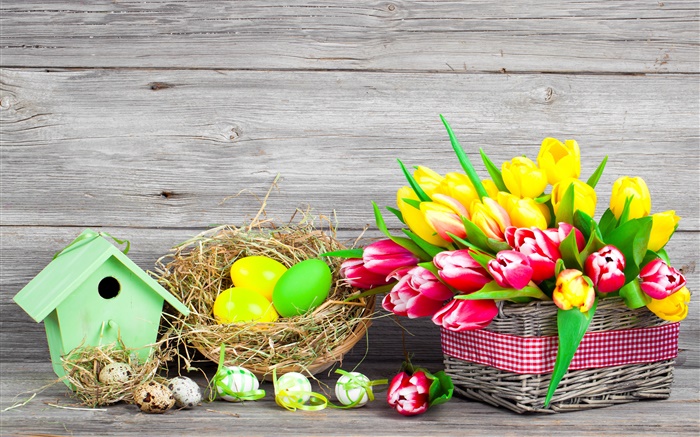 復活節，豐富多彩的蛋，鬱金香花 桌布 圖片