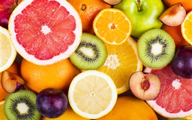 新鮮水果，漿果，柑橘，獼猴桃，柚子，蘋果 高清桌布