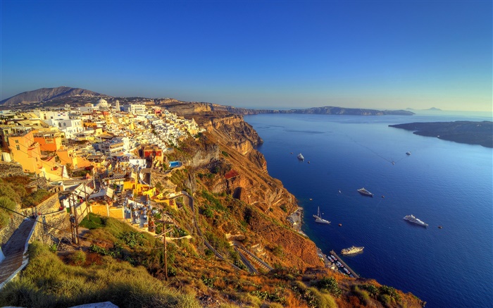 希臘，聖托里尼島，海岸，海，船，海灣，房子 桌布 圖片