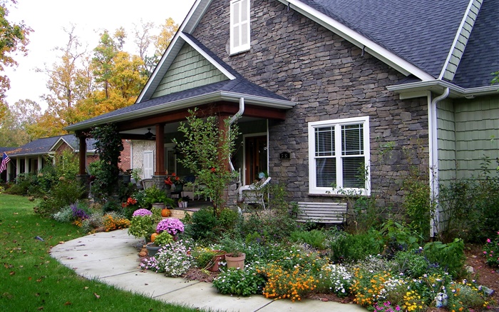 房子，豪宅，走道，草坪，花卉，灌木 桌布 圖片