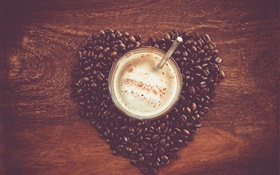 愛心臟咖啡豆，桌子，杯子，飲料 高清桌布