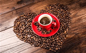 愛的心咖啡豆，穀物，紅茶杯，茶托 高清桌布
