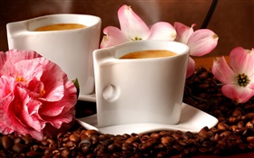 兩杯咖啡，香氣，咖啡豆，花 高清桌布