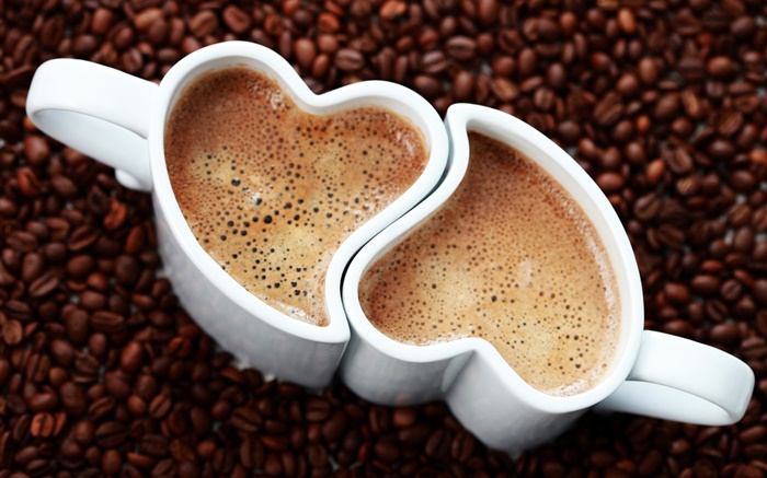 兩杯咖啡，愛的心，泡沫，飲料 桌布 圖片