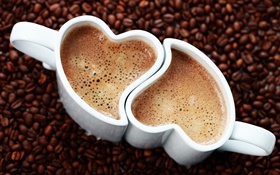 兩杯咖啡，愛的心，泡沫，飲料 高清桌布