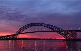 美國，新澤西，巴約訥橋，河，日落，黃昏