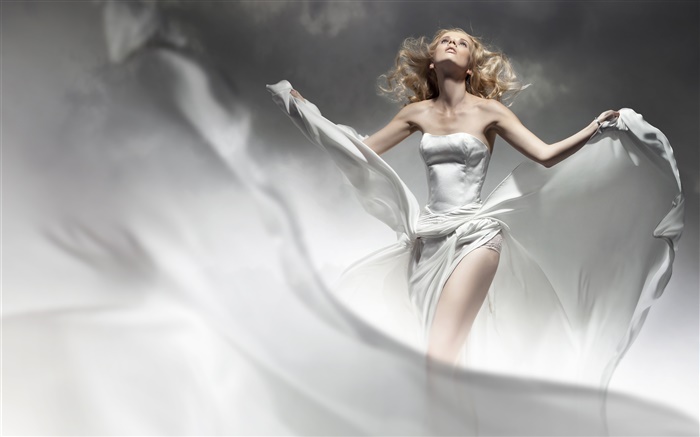 金發女孩，白色禮服，風，像天使 桌布 圖片