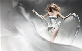 金發女孩，白色禮服，風，像天使 高清桌布