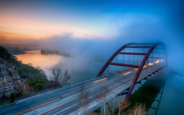 橋，河，霧，樹，雲，黎明 桌布 圖片
