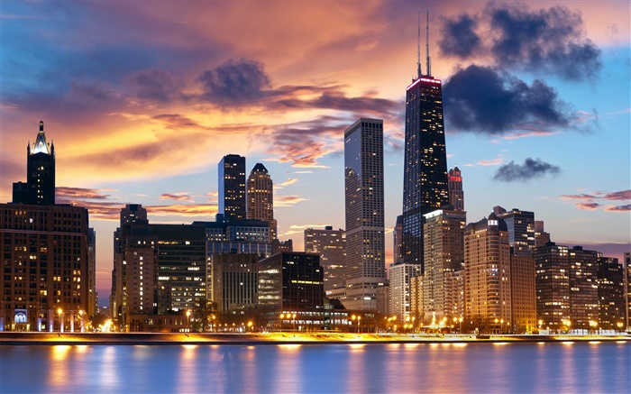 美國芝加哥，河，房子，晚上，燈 桌布 圖片