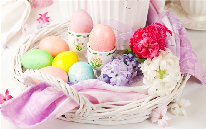 復活節彩蛋，鮮花，春天，裝飾 桌布 圖片