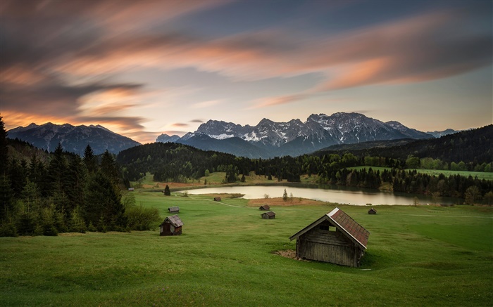 德國巴伐利亞阿爾卑斯山，山，房屋，樹木，湖泊 桌布 圖片