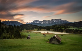 德國巴伐利亞阿爾卑斯山，山，房屋，樹木，湖泊 高清桌布