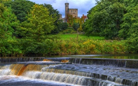 霍恩比城堡，英格蘭，河流，溪流，樹木 高清桌布