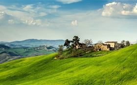 意大利，邊坡，草，房子，樹，雲