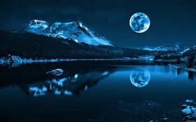 夜，月亮，湖，山，反射，石頭