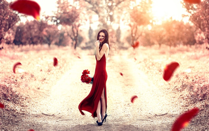 紅色的禮服的女孩，玫瑰花瓣，太陽 桌布 圖片