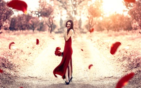 紅色的禮服的女孩，玫瑰花瓣，太陽