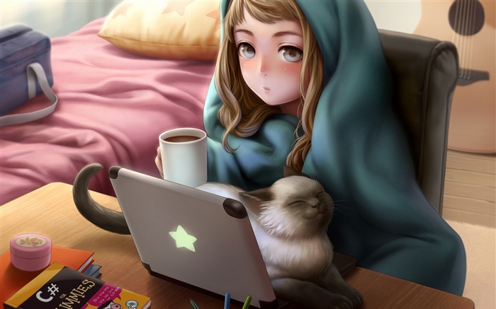 動漫女孩使用筆記本電腦，房間，貓，茶 桌布 圖片